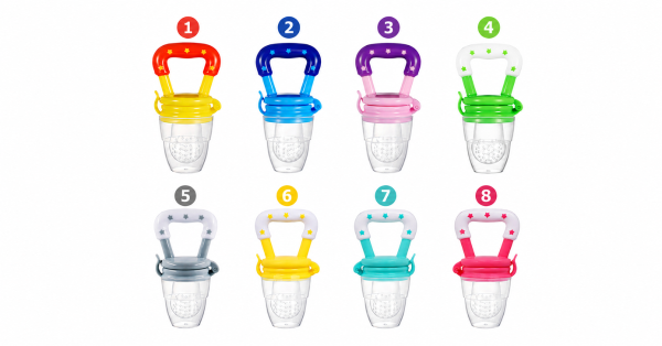 Set of 8 colorful baby fruit feeder pacifiers with numbered labels, displayed on a white background.