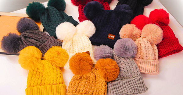 Custom Kids Pom Pom Beanie – Double Pom Knitted Winter Hat for Children