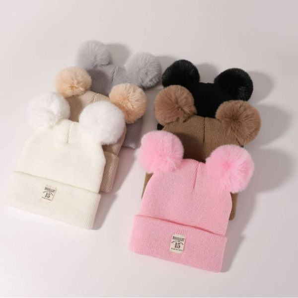 Winter Hats Kids Knitted Double Ball Warm Beanie – Soft Acrylic Winter Cap