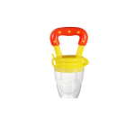 Red and yellow silicone baby fruit feeder pacifier with transparent feeding pouch on white background.