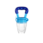 Blue silicone baby fruit feeder pacifier with transparent feeding pouch on white background.