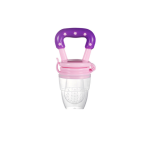 Purple and pink silicone baby fruit feeder pacifier with transparent feeding pouch on white background.