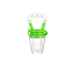 Green and white silicone baby fruit feeder pacifier with transparent feeding pouch on white background.