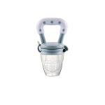 Gray silicone baby fruit feeder pacifier with transparent feeding pouch on white background.