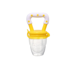 Yellow and white silicone baby fruit feeder pacifier with transparent feeding pouch on white background.