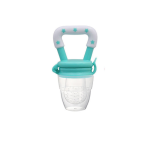 Teal silicone baby fruit feeder pacifier with transparent feeding pouch on white background.