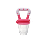 Pink silicone baby fruit feeder pacifier with transparent feeding pouch on white background.